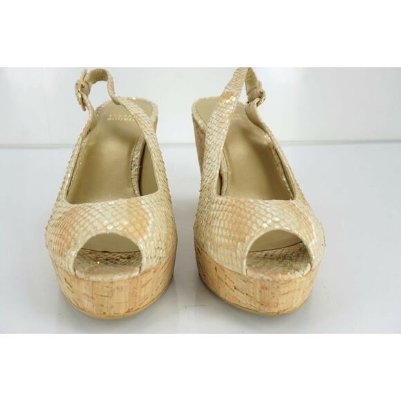 Stuart Weitzman Jean Metallic Snake Slingback Cork Wedge Heel Sandal SZ 10.5 New - Picture 4 of 11